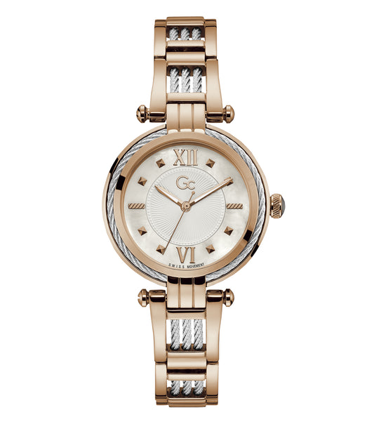 GC watch close-up, featuring a silver-tone stainless steel bracelet and round face with minimalist design, displaying at a tilted angle.
