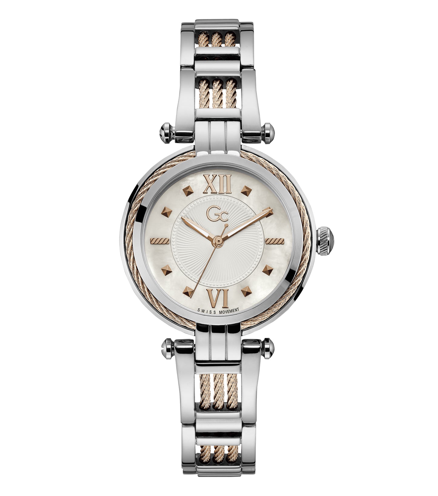 Gc elegant watch with sparkling silver color, front view showing sleek metal strap and round face, perfect for luxury enthusiasts.