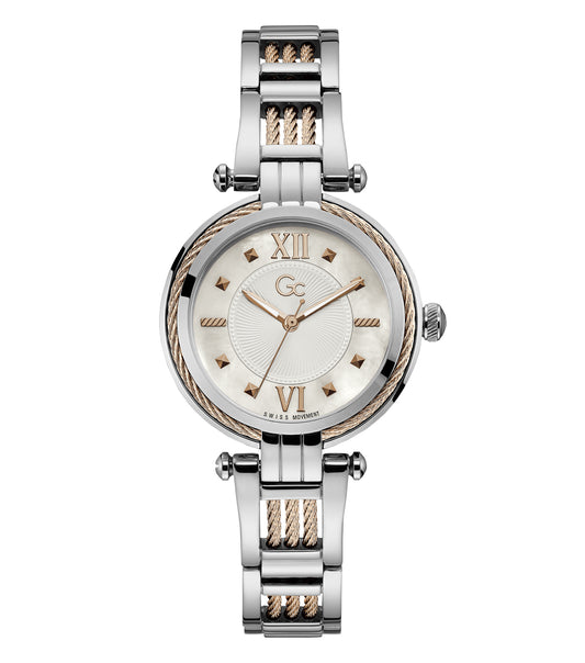 Gc elegant watch with sparkling silver color, front view showing sleek metal strap and round face, perfect for luxury enthusiasts.