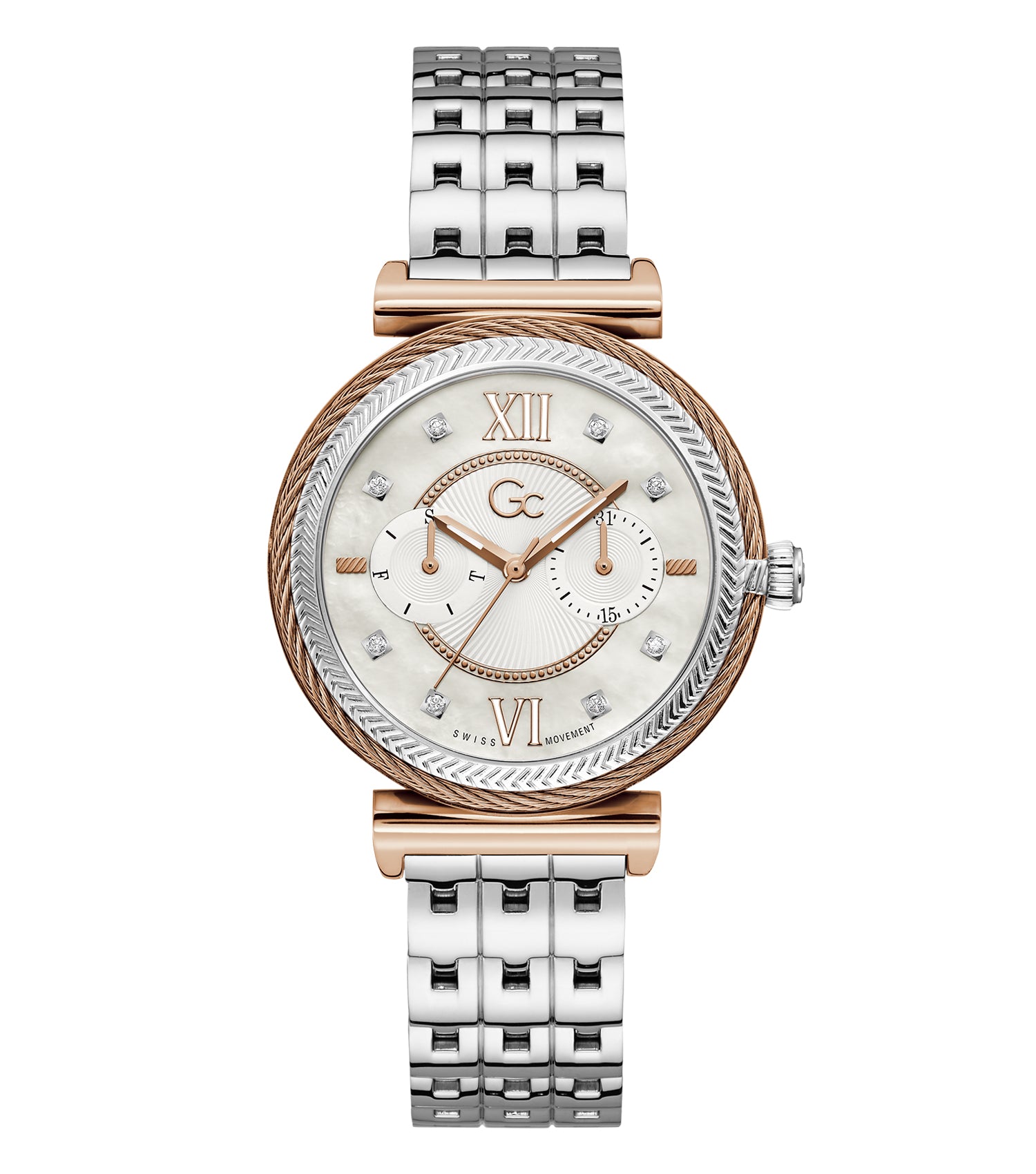 GC Watch Starlight color, elegant design with a round face, gold links, angled at 45 degrees showcasing luxury and precision.
