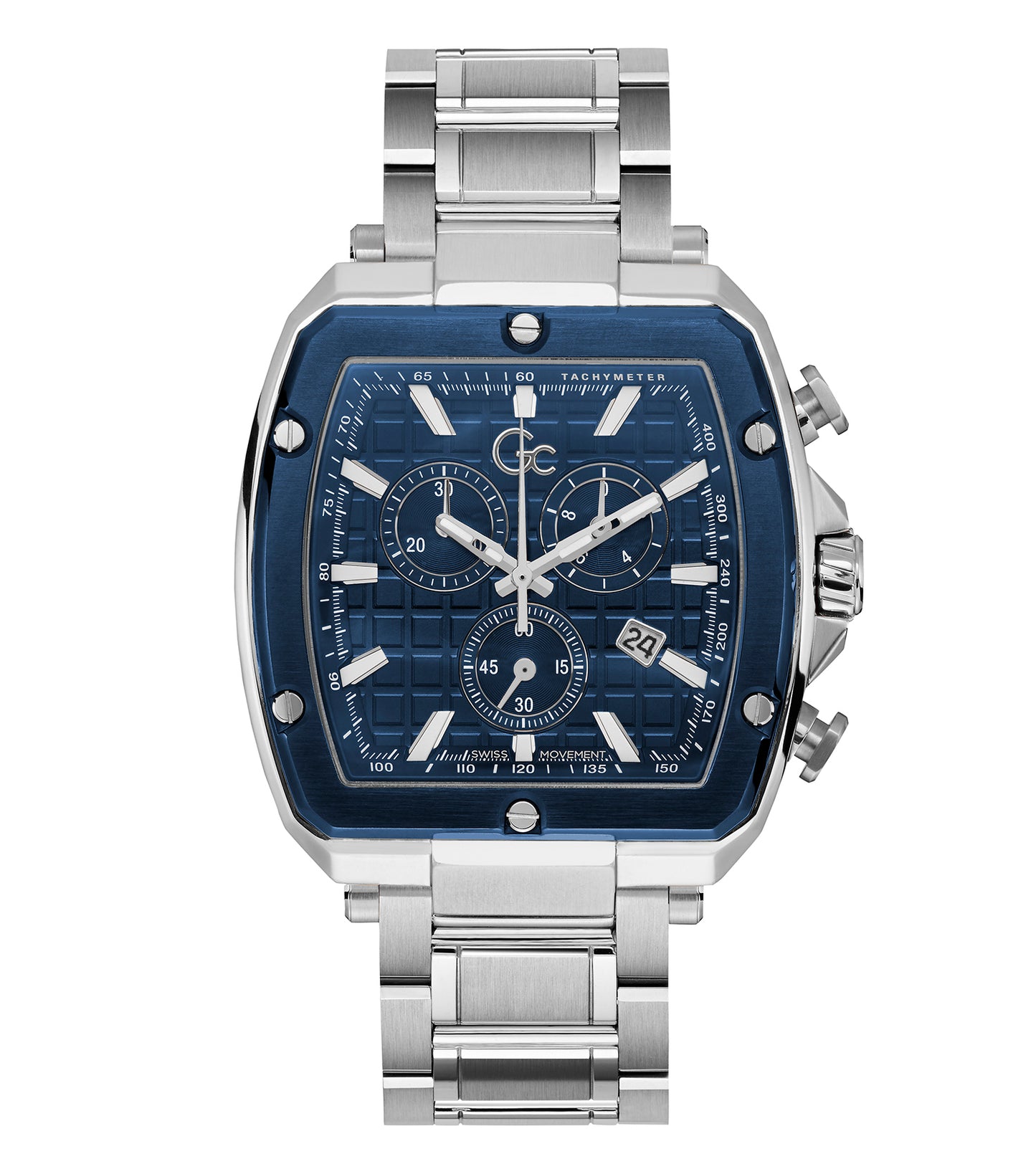 Gc watch with a silver-tone stainless steel strap and round dial, angled view highlighting classic timepiece elegance.