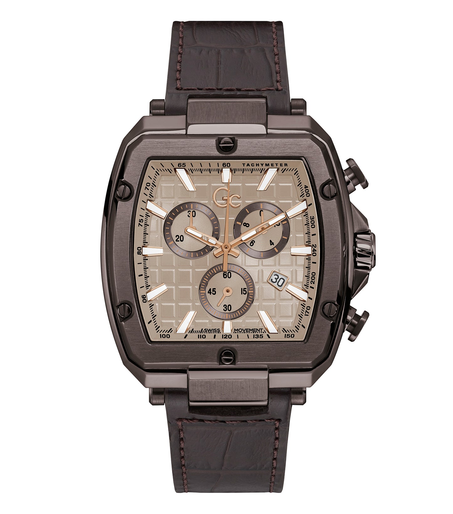 Gc watch in spirit color, showcasing intricate detailing and stylish design, angled slightly facing right for an elegant view.