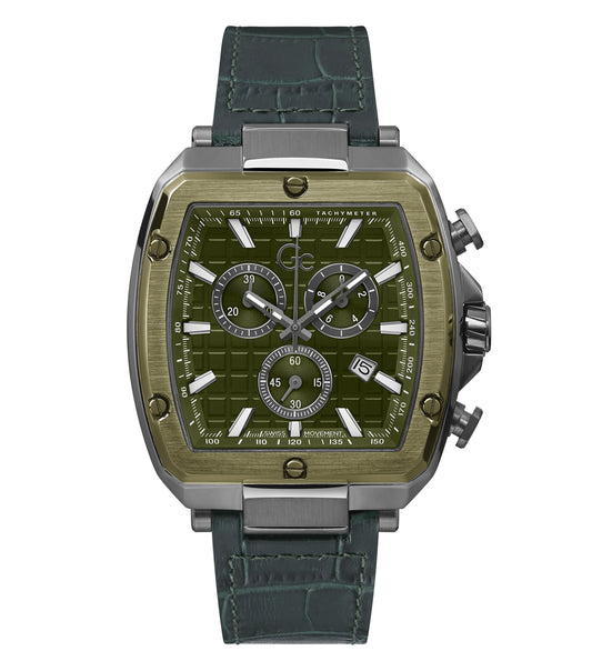 GC brand elegant men's watch with a classic design, showcased at a dynamic side angle highlighting its sleek, silver face and band.