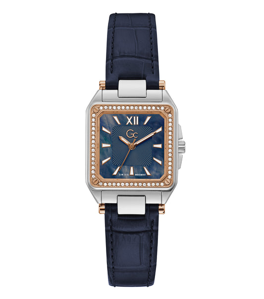 GC watch in warm neutral tone, highlighting the elegant design, angled sideways showcasing the distinct dial and stainless steel bracelet.