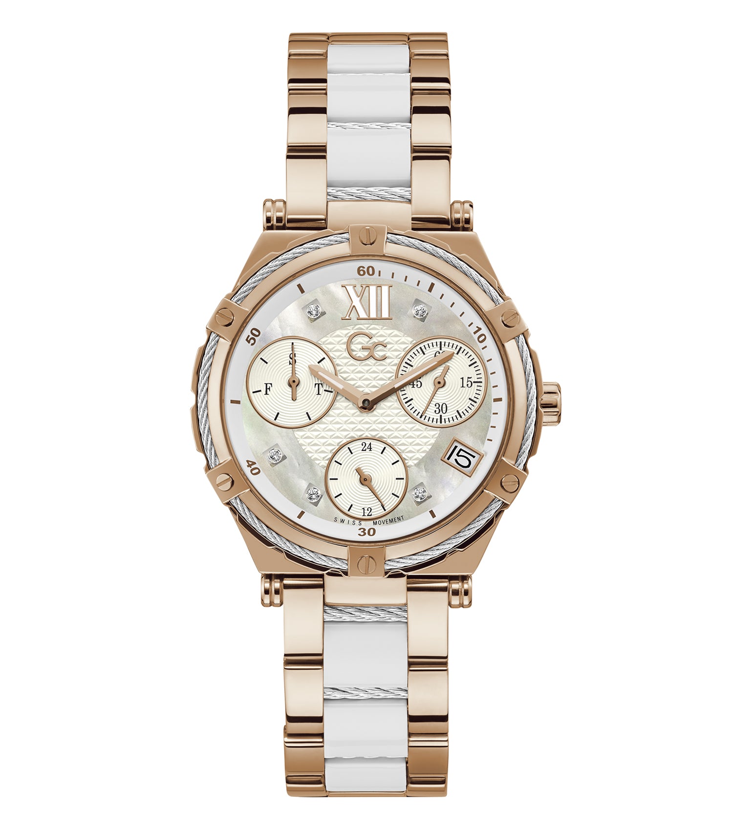 Gc white watch with minimalist design, featuring elegant silver accents, showcasing side profile angle against a soft backdrop.