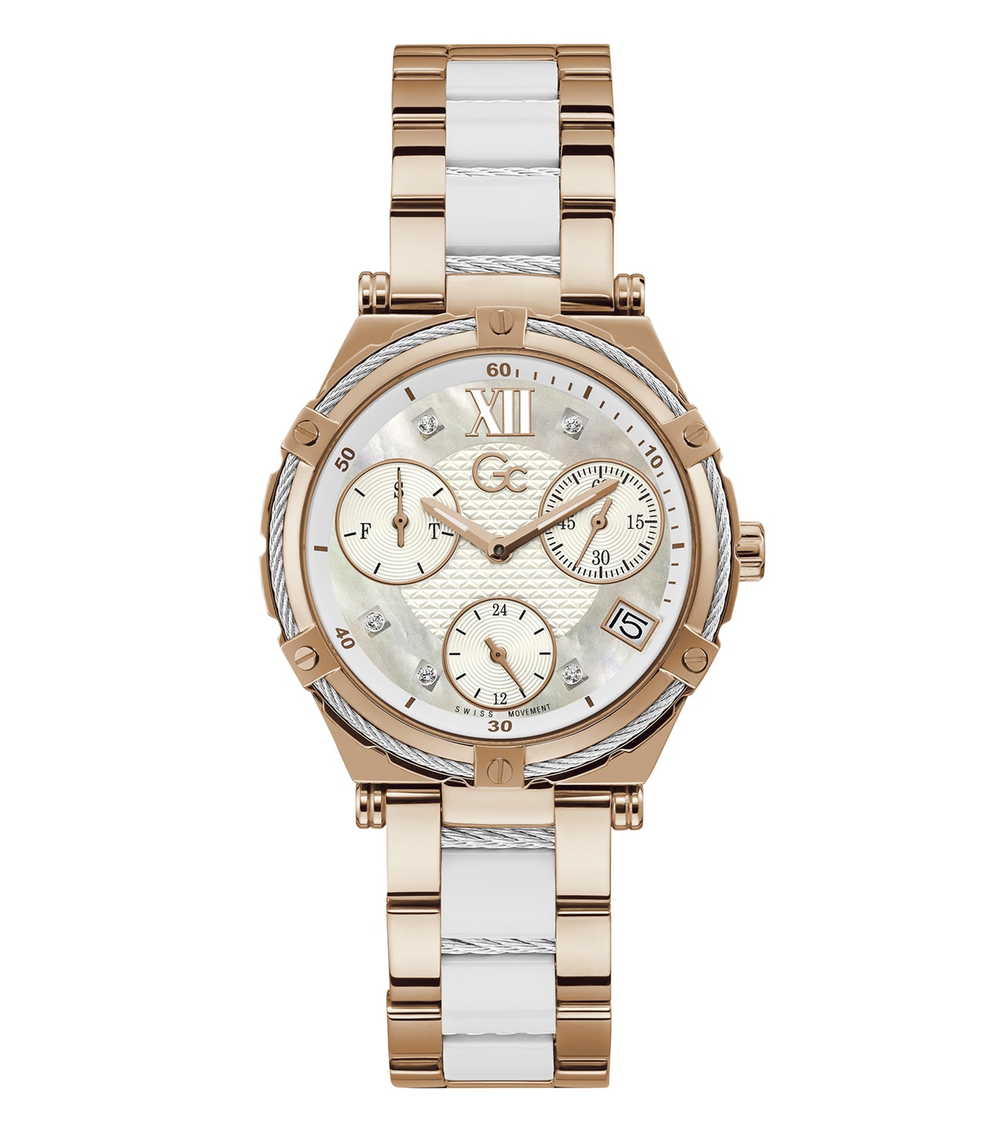 Gc white watch with minimalist design, featuring elegant silver accents, showcasing side profile angle against a soft backdrop.