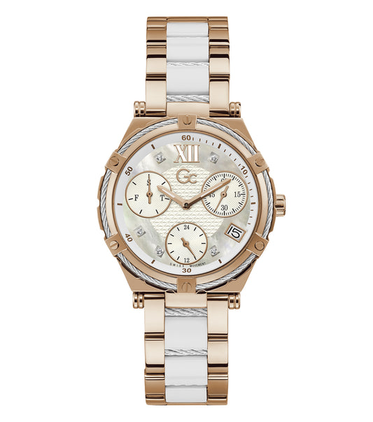 Gc white watch with minimalist design, featuring elegant silver accents, showcasing side profile angle against a soft backdrop.