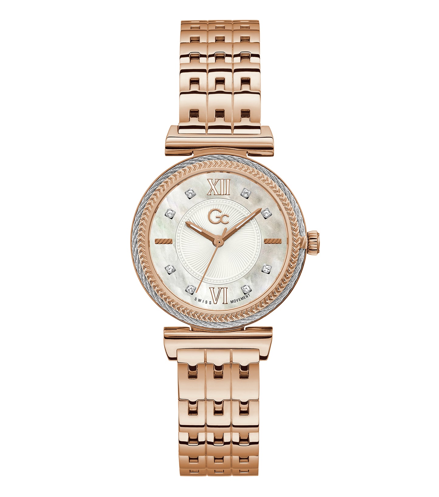 GC watch in silver-tone with a sleek bracelet, elegant round dial, and precision-crafted design, angled view showcasing the face.