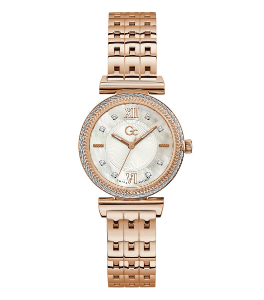 GC watch in silver-tone with a sleek bracelet, elegant round dial, and precision-crafted design, angled view showcasing the face.