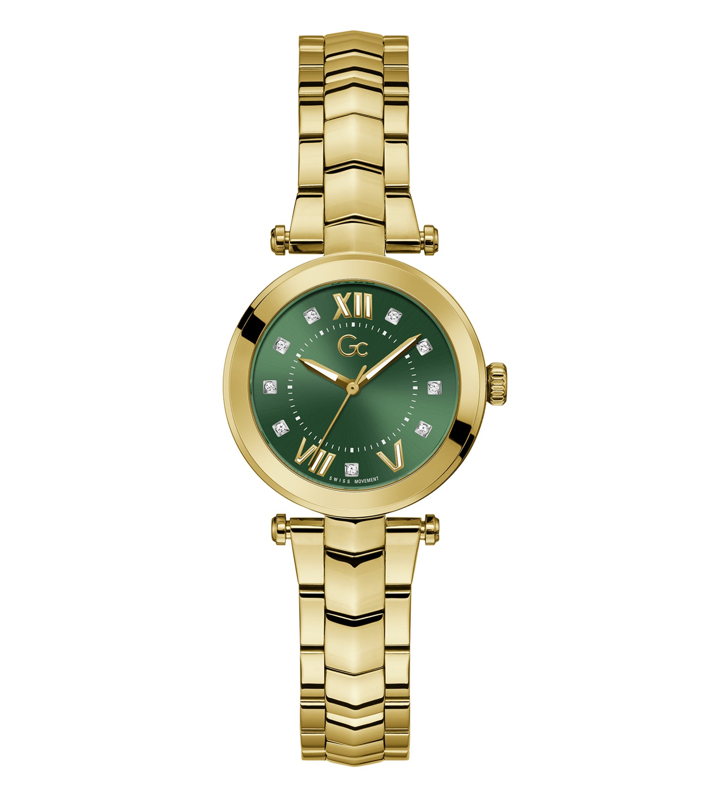 Elegant GC watch with a striking black dial and sleek bracelet design, showcased from an angled side view for a sophisticated look.
