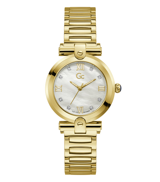 GC brand women's quartz watch with gold details, stainless steel mesh band, showcased at a slight angle for a stylish flair.
