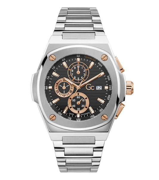 Gc watch in 44mm size featuring a sleek monochrome design, side angle view highlights its elegant curves and bold presence.