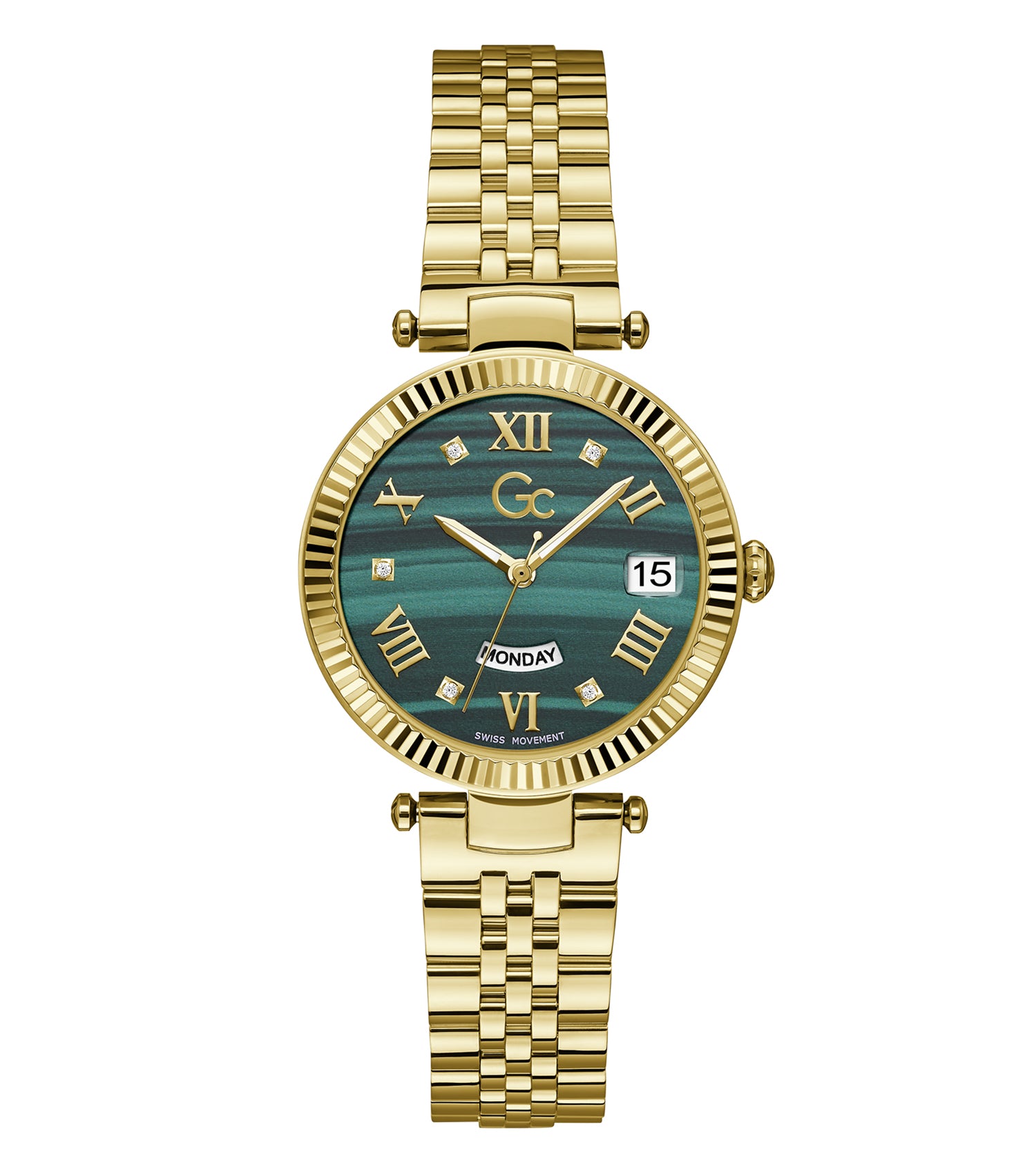 Gc brand Quartz color watch, gleaming with elegance, showcased in a dynamic 34-degree angle, highlighting refined craftsmanship.