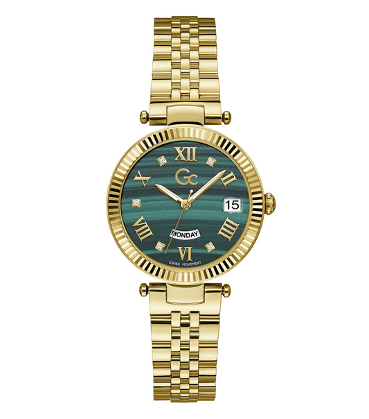 Gc brand Quartz color watch, gleaming with elegance, showcased in a dynamic 34-degree angle, highlighting refined craftsmanship.
