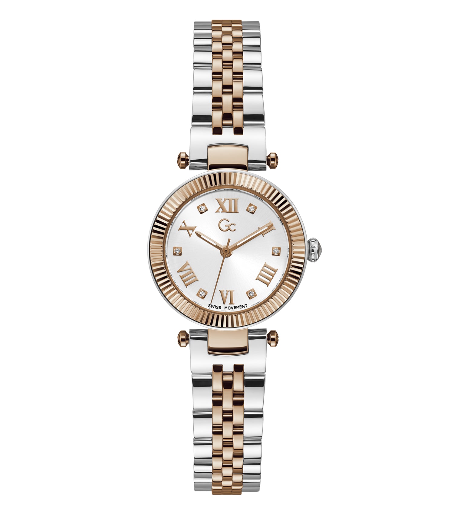Gc luxury watch in elegant flair color, angled view showcasing sparkling dial, delicate markers, and sleek band styling