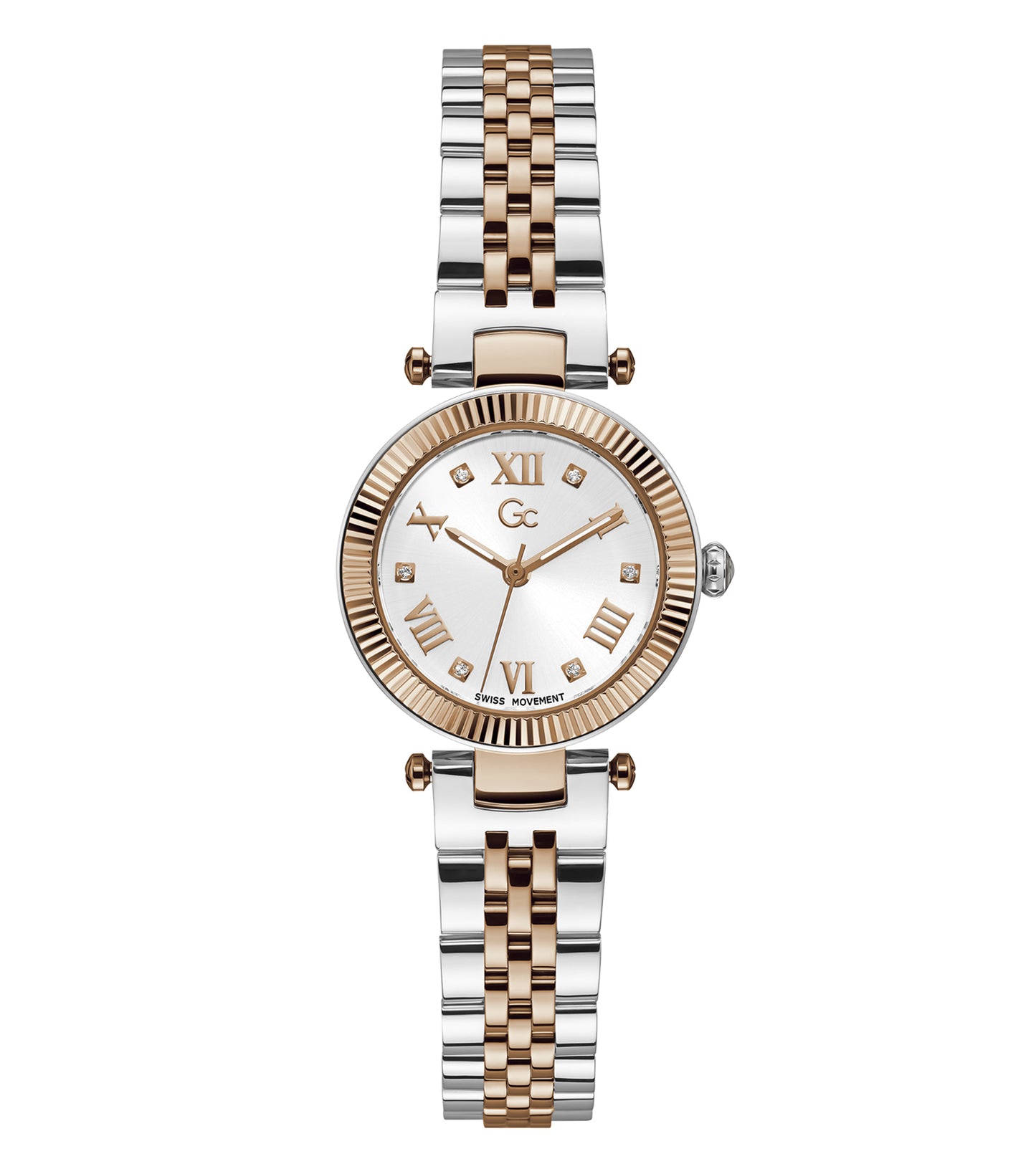 Gc luxury watch in elegant flair color, angled view showcasing sparkling dial, delicate markers, and sleek band styling