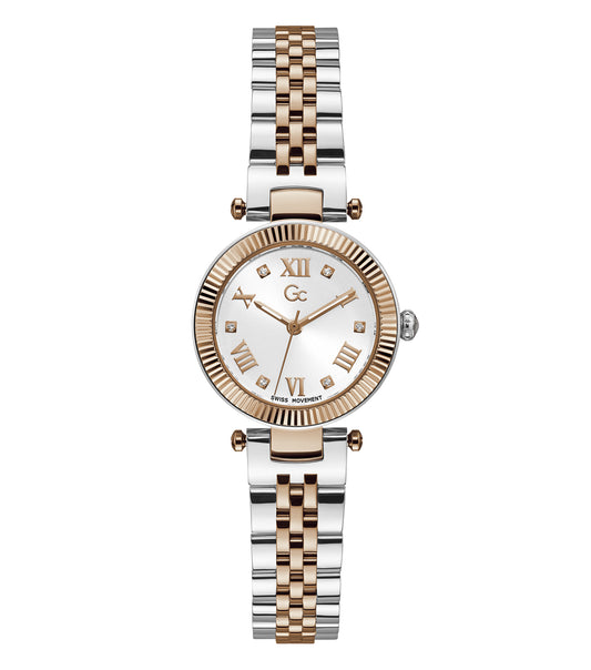 Gc luxury watch in elegant flair color, angled view showcasing sparkling dial, delicate markers, and sleek band styling