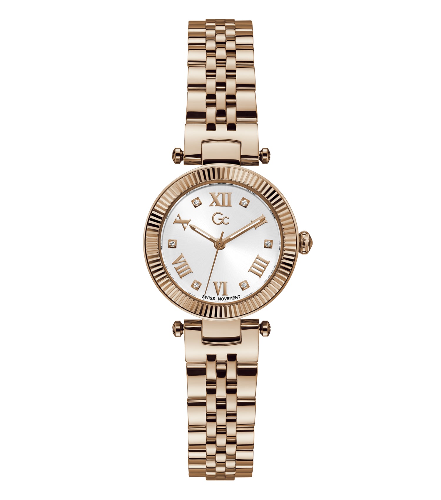 Gc watch quartz timepiece in elegant silver, top-down view, highlighting detailed craftsmanship and sophisticated design.