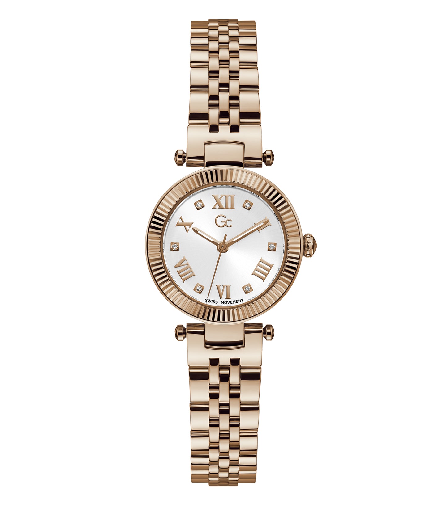 Gc watch quartz timepiece in elegant silver, top-down view, highlighting detailed craftsmanship and sophisticated design.