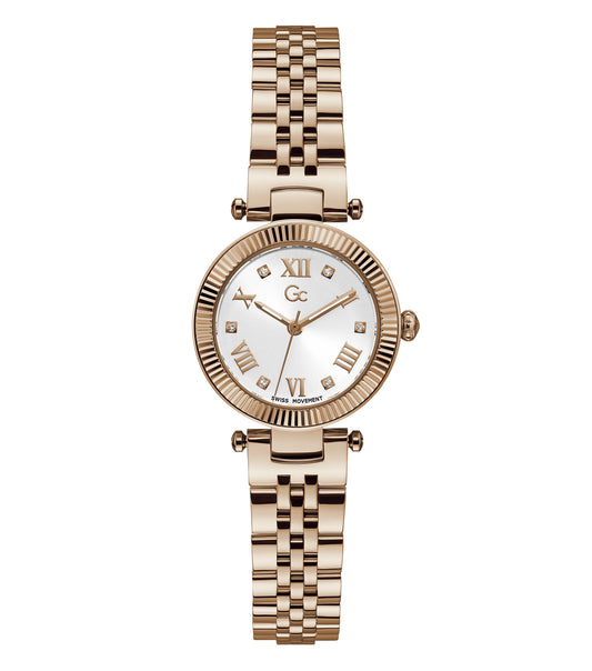 Gc watch quartz timepiece in elegant silver, top-down view, highlighting detailed craftsmanship and sophisticated design.