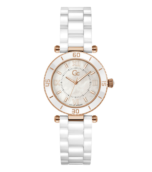 Passionate view of Gc ceramic watch in elegant white, showcasing its intricate design and craftsmanship at a tilted angle.