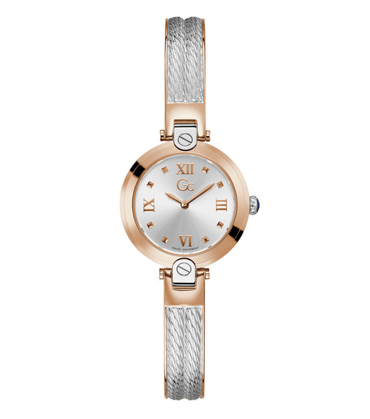 Elegant GC watch in black with a round face and silver accents, angled slightly to the left, showcasing its sleek design.