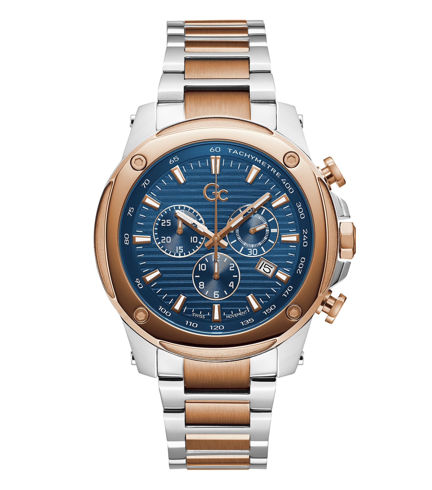 Gc luxury watch with a sleek silver-tone design, angled front view showcasing the intricate dial and sophisticated black leather strap.