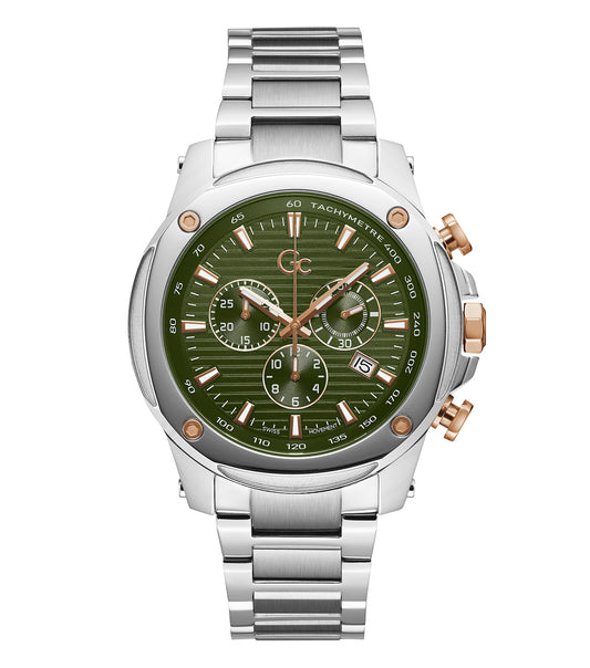 Gc watch in brave color, face prominently angled showcasing elegant detailing, sleek design, smooth strap, perfect wrist accessory.