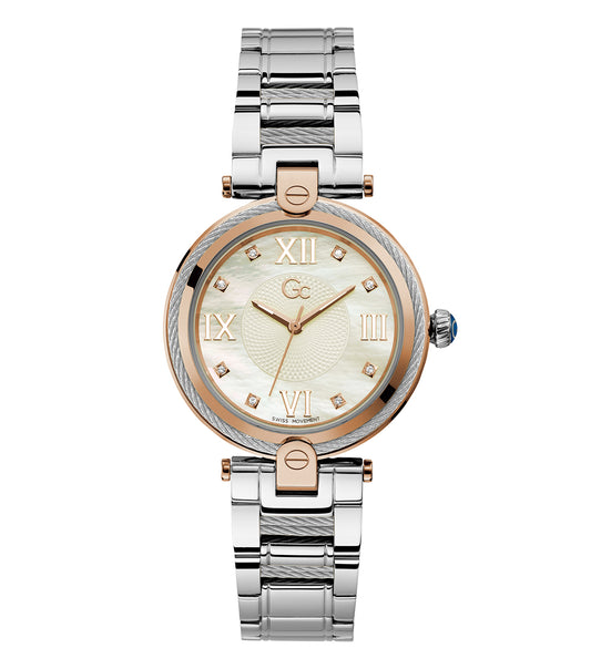 Elegant Gc watch with sleek white band, silver-tone face, and intricate design, displayed at a 45-degree angle, showcasing luxury.