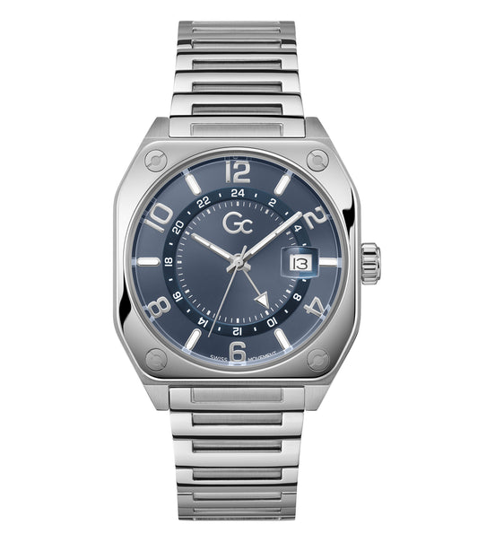 Elegant GC Airborne Quartz watch in soft blue color, featuring a sleek silver-tone case; side angle view highlighting intricate band details.