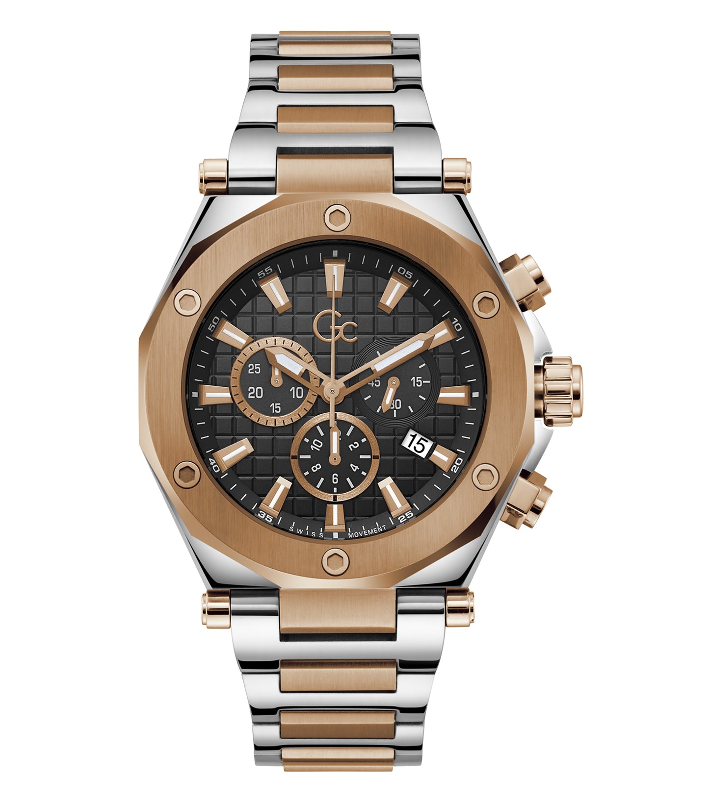GC luxury watch in an elegant silver tone, showcasing a classic round face with a gold bezel from a front angle.