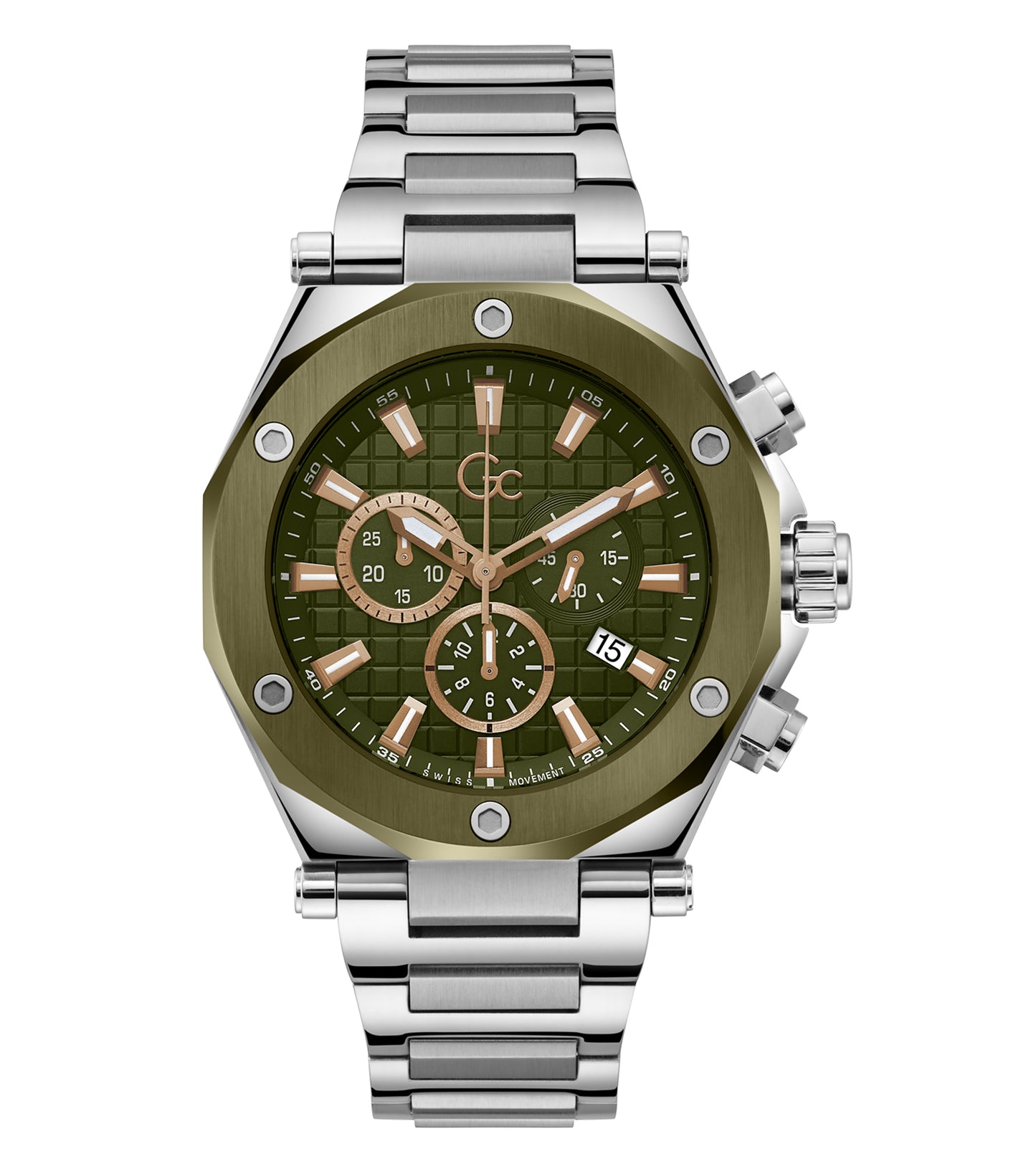 GC silver-colored watch showcasing elegant design, photographed at a slight angle, highlighting its sleek stainless steel finish.