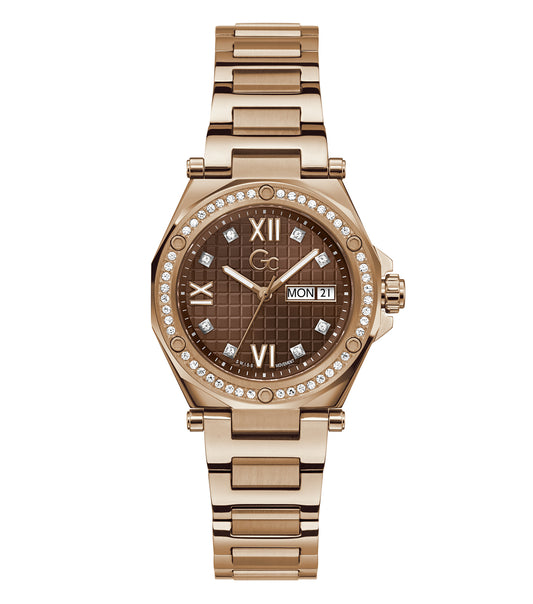 Gc Legacy Lady Quartz watch in silver-tone captured at a 34-degree angle, featuring a detailed face and elegant stainless steel bracelet.