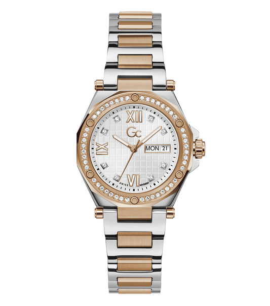 Elegant Gc watch with a single-color design, showcasing its intricate details and craftsmanship, angled at 34 degrees.
