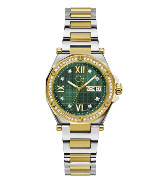 GC watch in elegant beige color at 34-degree angle, showcasing its chic design, glossy metal casing, and refined detailing.