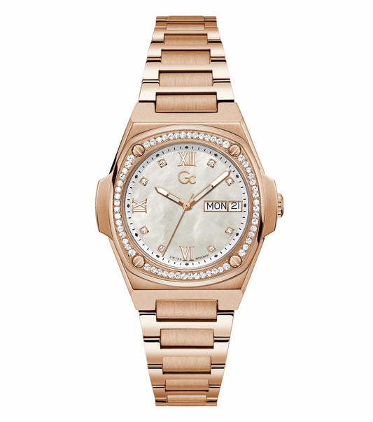 Rose gold gc watch with sparkling bezel, white strap; angled view showcasing elegant face design and luxurious timepiece style.