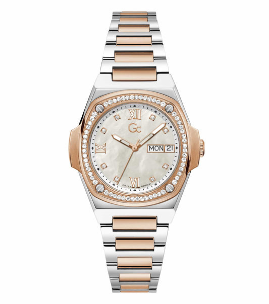 GC watch with a sleek white strap and silver detailing; side angle showcasing the elegant design, round face, and chic aesthetics.