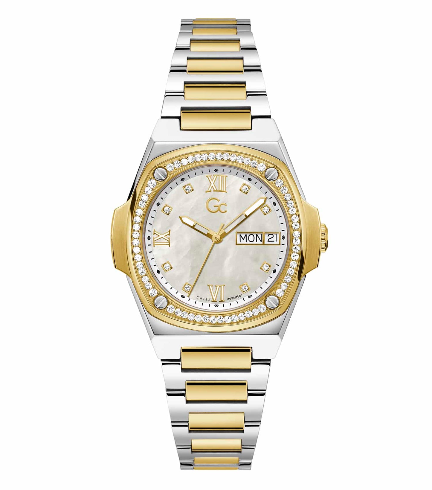 Gc Two-Tone Stainless Steel Watch with 36mm Case; Front Angle View; Elegant Design; For Timepiece Enthusiasts; Simple, Sophisticated Style