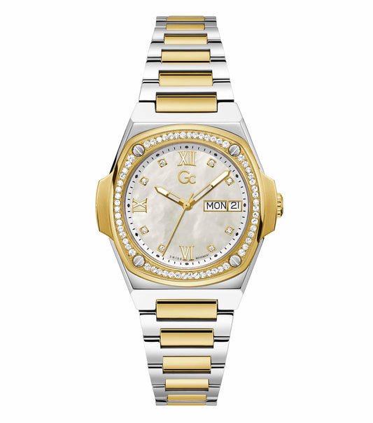 Gc Two-Tone Stainless Steel Watch with 36mm Case; Front Angle View; Elegant Design; For Timepiece Enthusiasts; Simple, Sophisticated Style