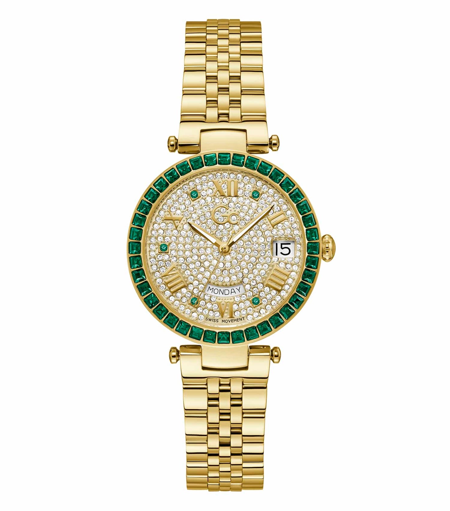 GC brand gold watch, Crystal Quartz color, frontal angle, highlighting elegant dial, gleaming metal strap with easygoing flow.