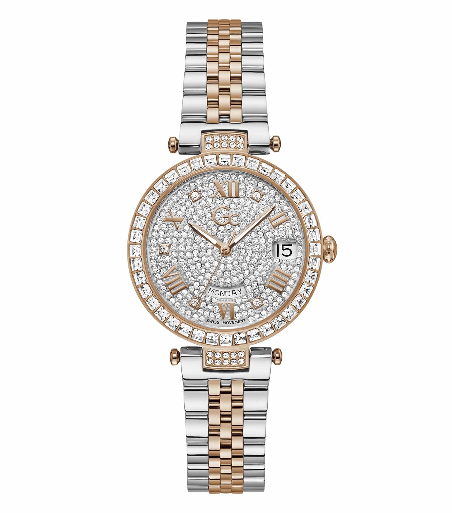Gc two-tone watch, crystal quartz color, displayed at an angled view, showcasing its elegant design and craftsmanship