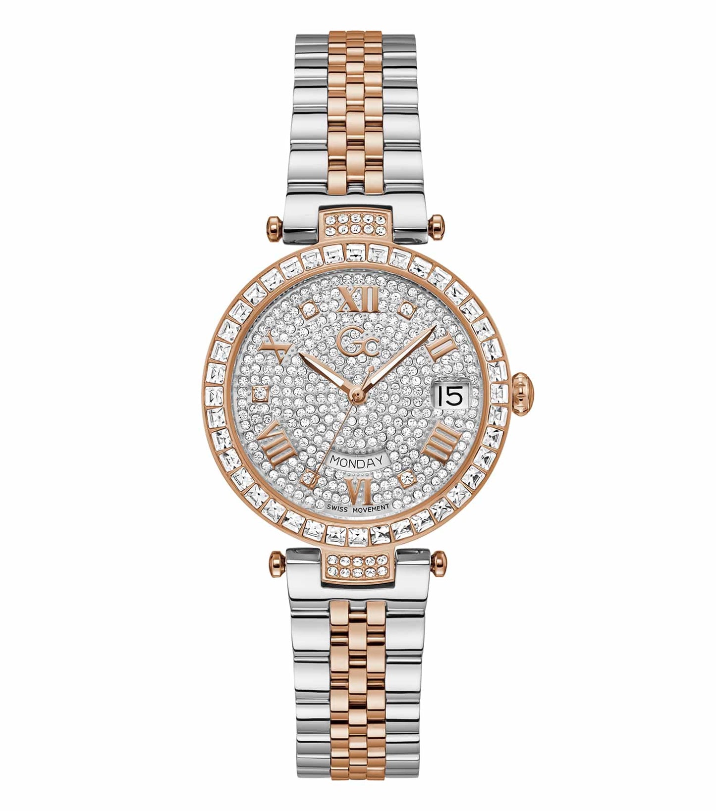 Gc two-tone watch, crystal quartz color, displayed at an angled view, showcasing its elegant design and craftsmanship