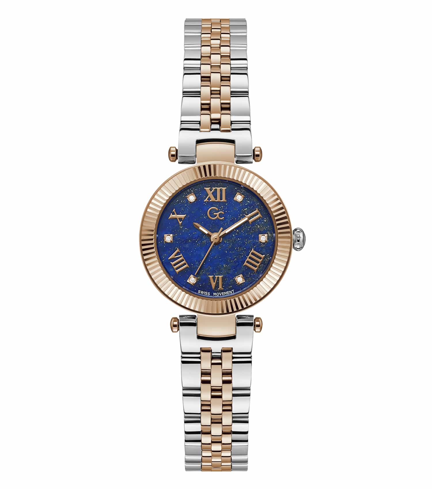 Elegant gc two-tone watch with distinctive flair, gold and silver hues; angled top-down showcasing intricate face details.