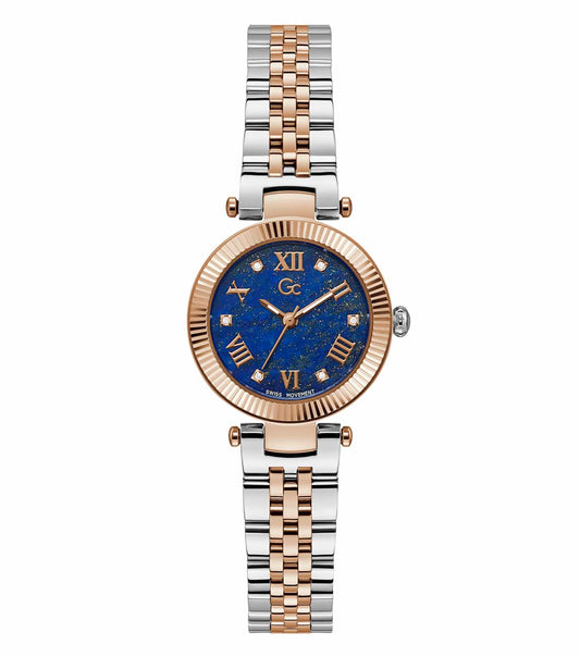 Elegant gc two-tone watch with distinctive flair, gold and silver hues; angled top-down showcasing intricate face details.