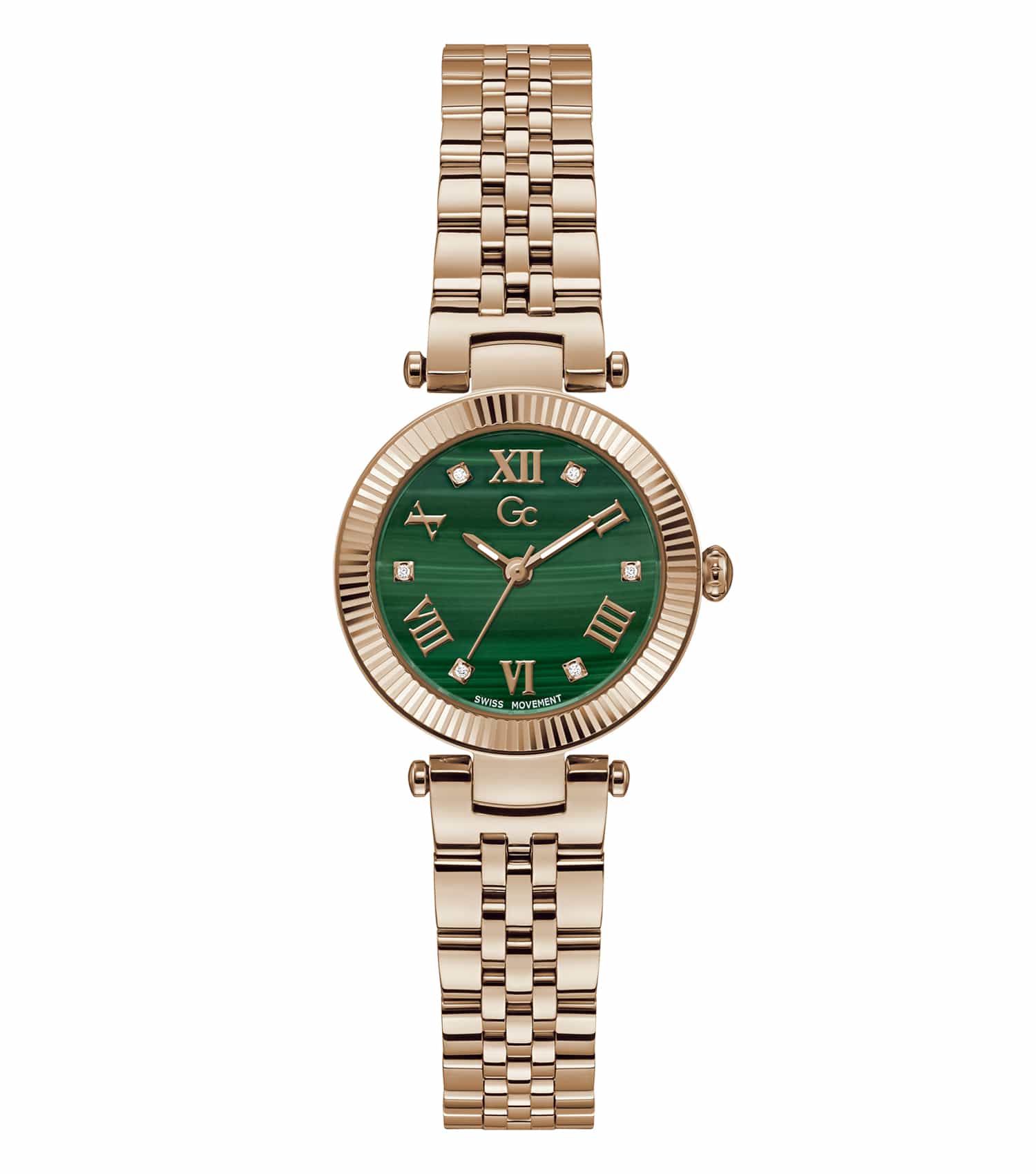 Gc ladies' watch in rose gold; round dial with crystal embellishments at a three-quarter angle, quartz movement.