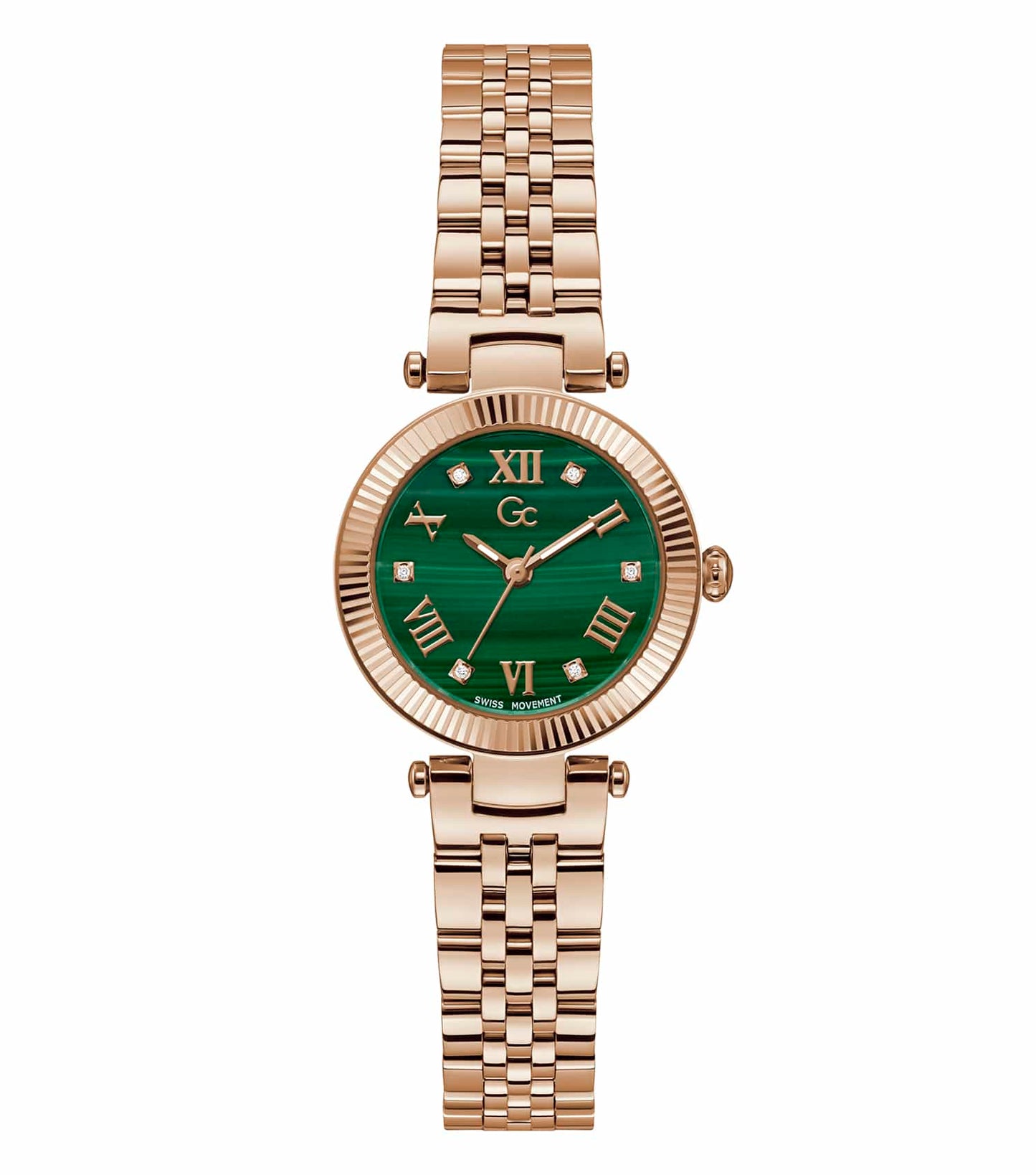 Gc ladies' watch in rose gold; round dial with crystal embellishments at a three-quarter angle, quartz movement.