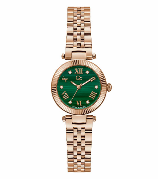 Gc ladies' watch in rose gold; round dial with crystal embellishments at a three-quarter angle, quartz movement.