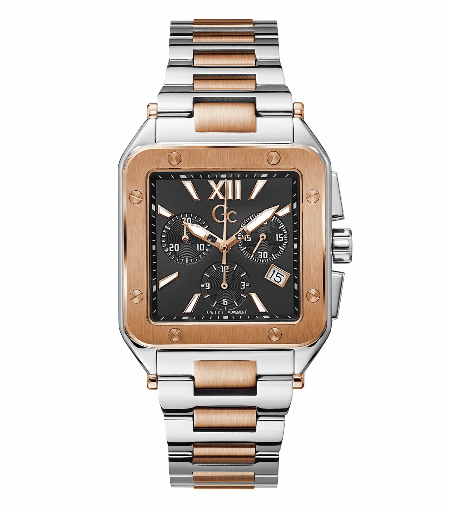 Gc brand stylish watch in sleek black, prominently displaying its intricate face design, angled attractively to highlight craftsmanship.