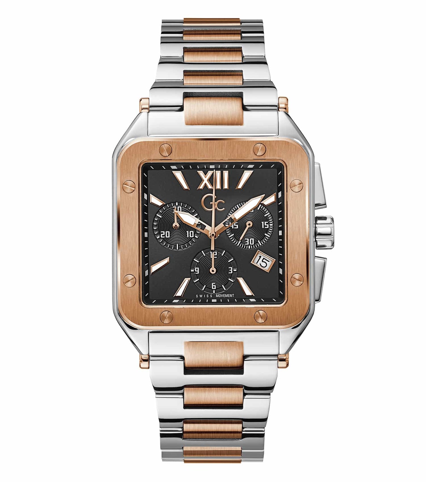 Gc brand stylish watch in sleek black, prominently displaying its intricate face design, angled attractively to highlight craftsmanship.