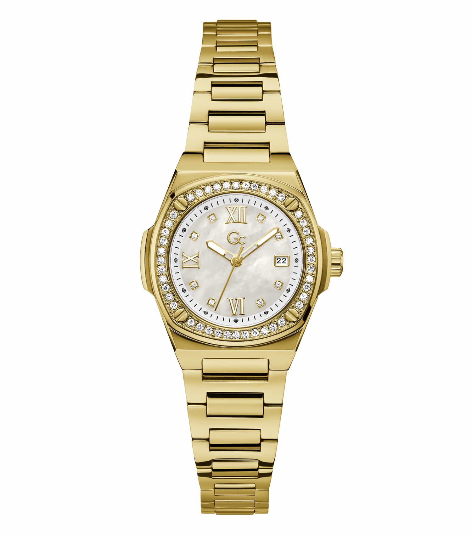 Gc gold women's watch, angled top view, featuring a dazzling round face and elegant band, showcasing sophisticated timepiece design.